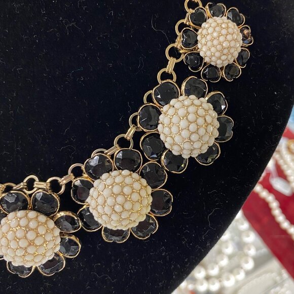 Gold-Tone Floral Statement Necklace With Black & White Beaded Petals W/ earrings - Picture 2 of 5